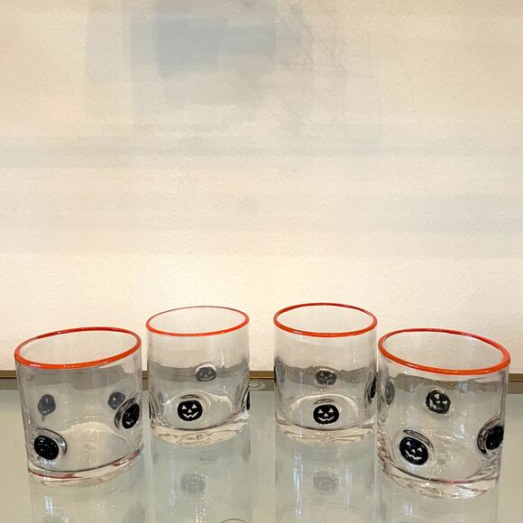 Set of 4 PUMPKIN Double Old Fashioned Glasses 4" Orange Black Halloween Barware - Picture 9 of 12